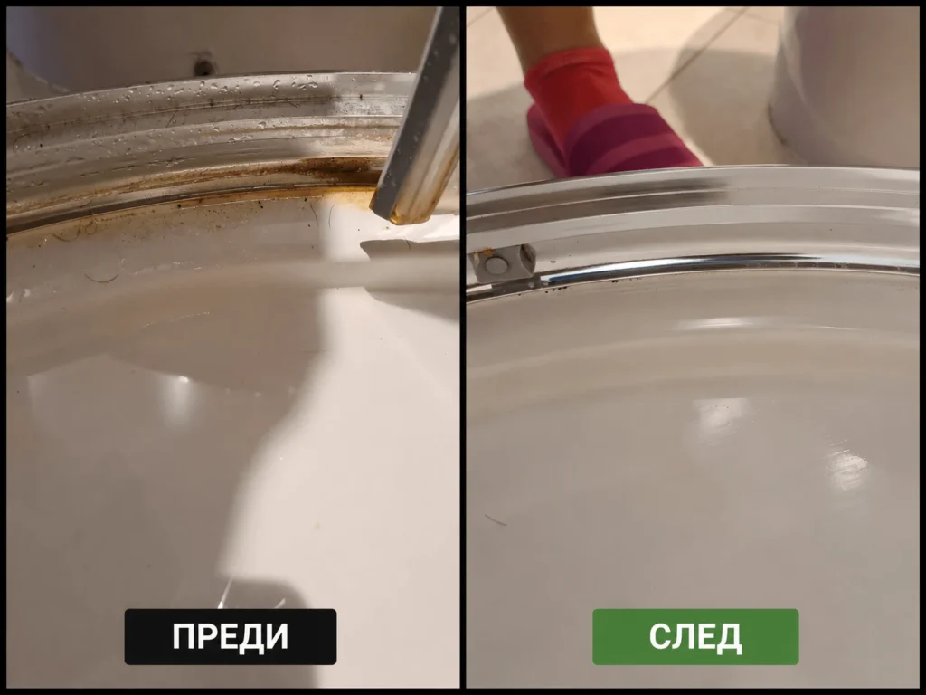 Професионално почистване на душ кабина преди и след — реален резултат