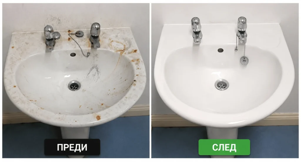 Професионално почистване на мивка в баня преди и след — реален резултат