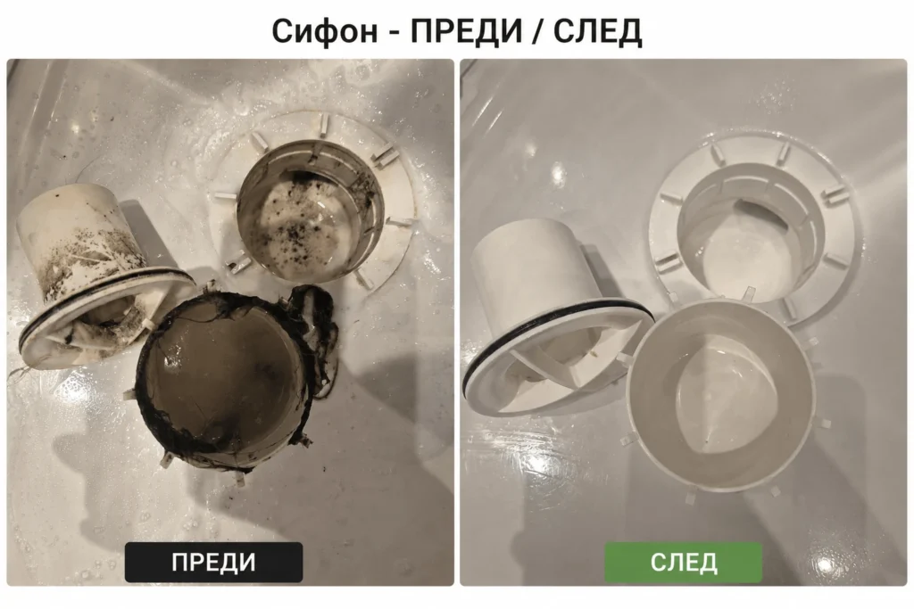 Дълбоко почистване на сифон преди и след — реален резултат