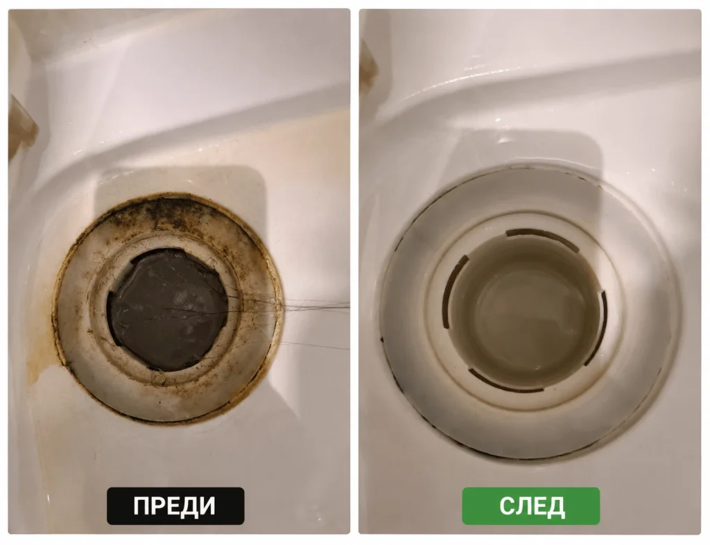 Професионално почистване на сифон в баня преди и след — реален резултат